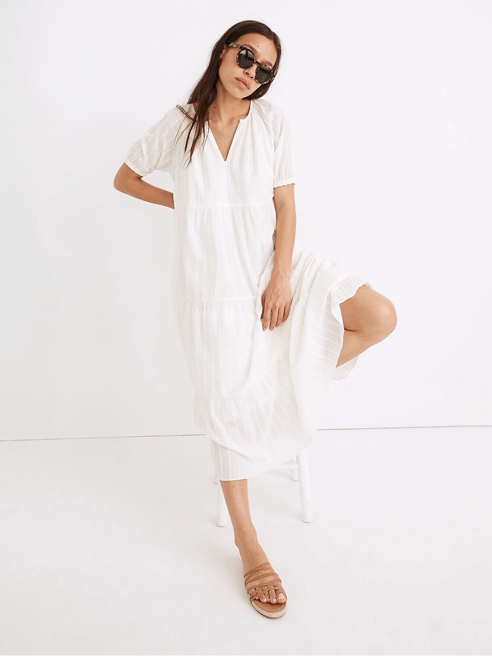 Madewell White Cotton Bubble Sleeve Tiered Midi Dress Nightiecore XS